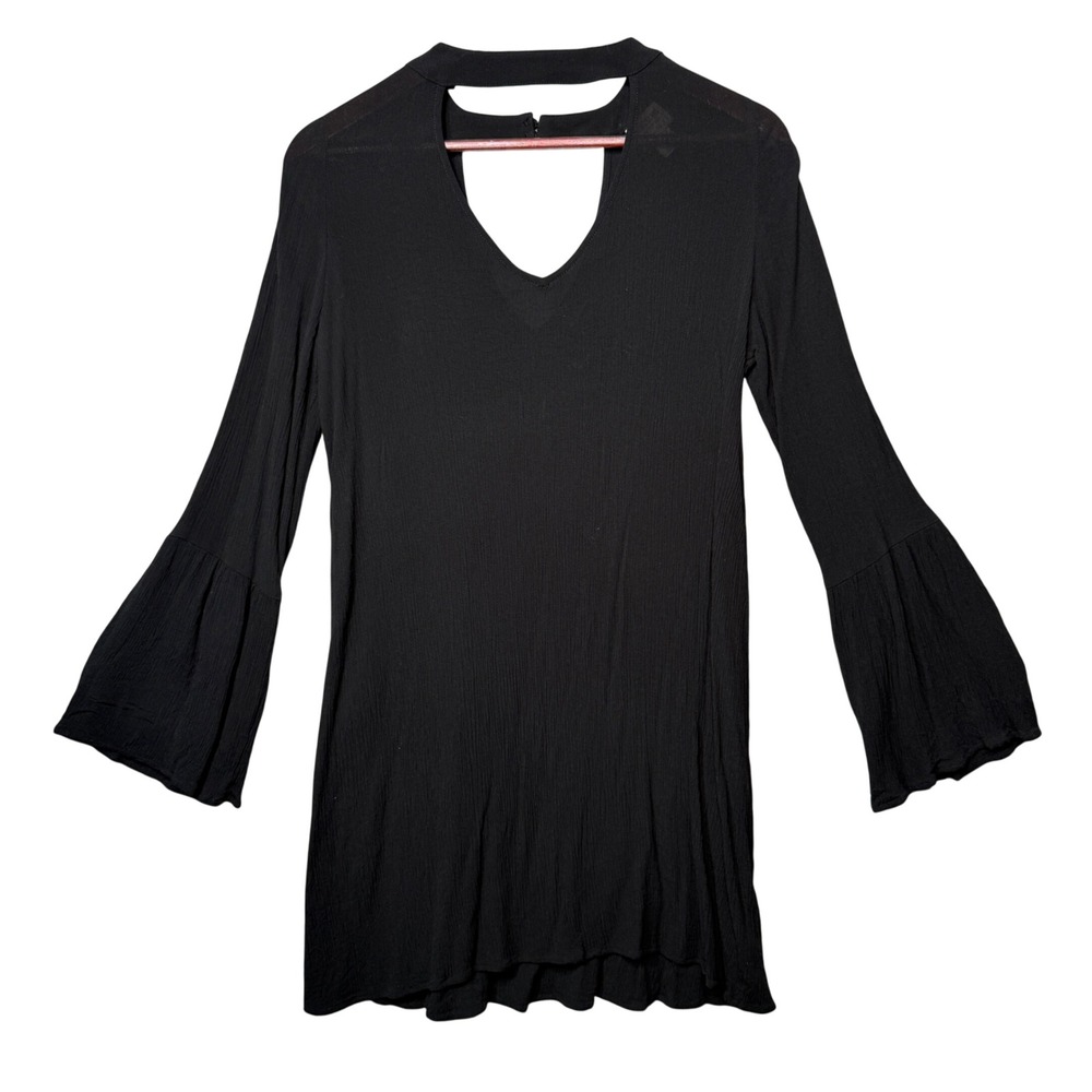 Boho Bell Sleeve Black Mini Dress Hippie Womens Small‎ Rayon Lightweight Travel